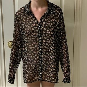 🌷3 for$25🌷H&M, US 12, Black & Pink Ditsy Floral Long Sleeve Semi Sheer Blouse